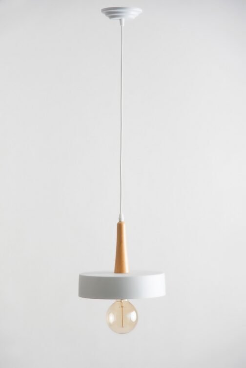 Colgante Chato 25cm Blanco micro / Madera Cono